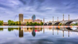 photo over water with downtown Springfield, Massachusetts